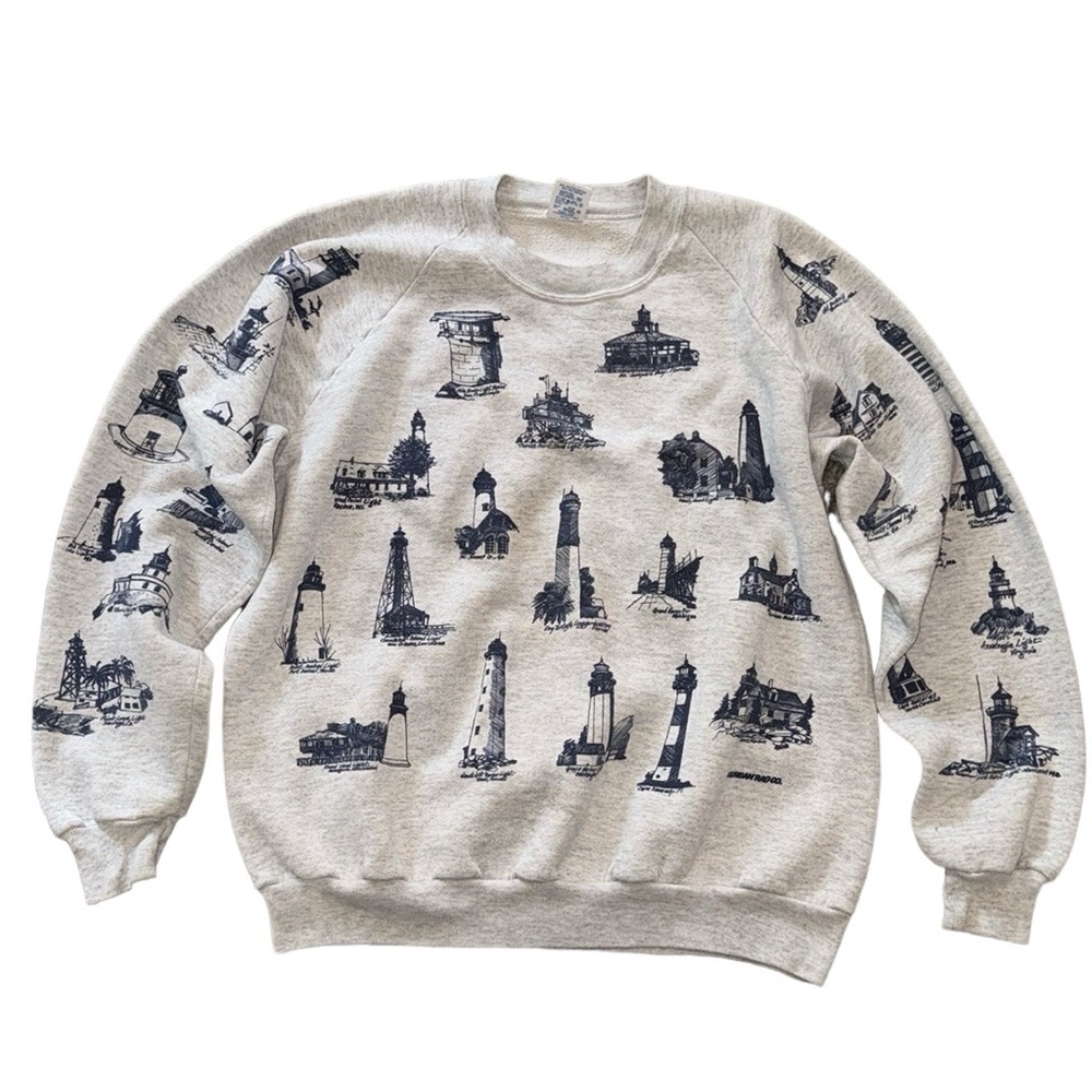 Jerzees Gray Sweatshirt with Navy Lighthouse Print
